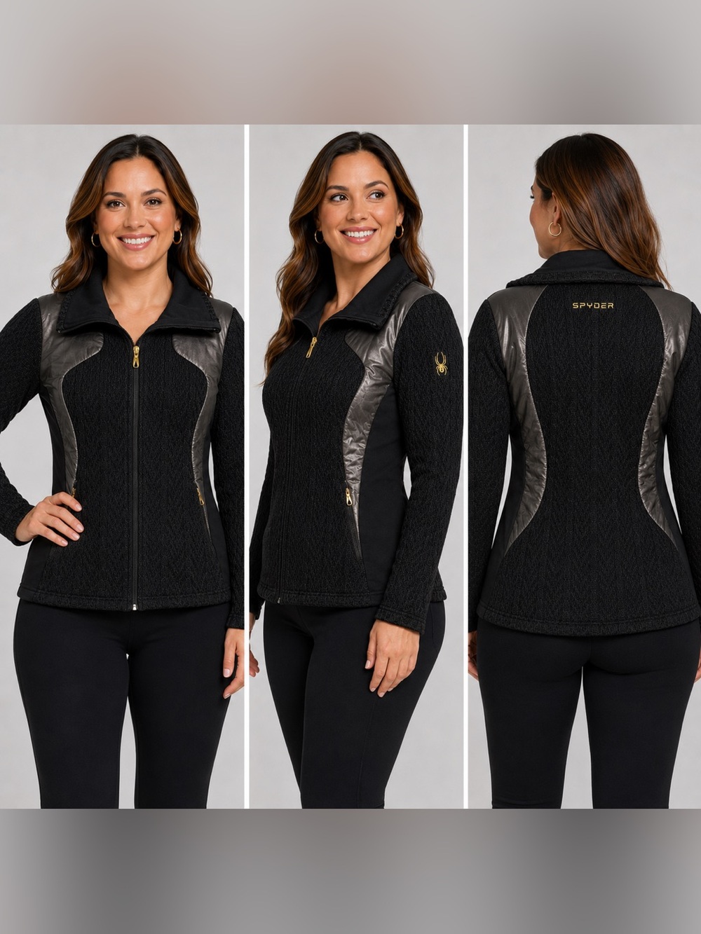 Spyder Womens Full Zip Sweater Jacket Medium Black Knit Hybrid Outdoor